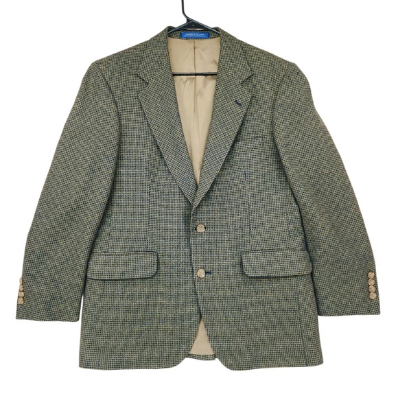 E Thomas Blazer 40R Men Green Black Wool Cashmere Houndstooth Sport Coat Jacket